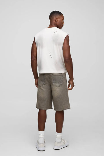 REGULAR FIT WASHED TINTED DENIM JORTS