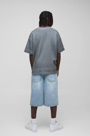 Long Line Denim Jorts In Light Blue