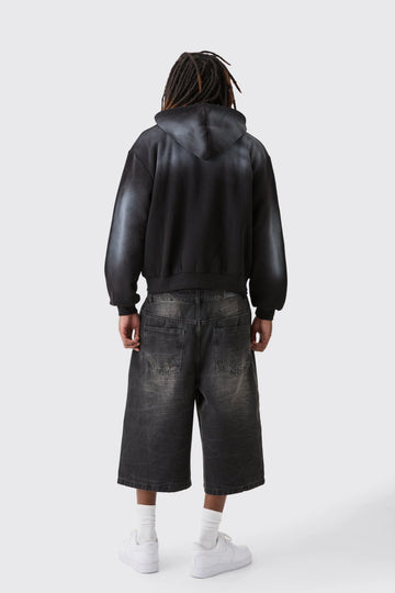 Long Line Denim Jorts In Washed Black