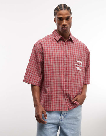 oversized plaid shirt with chest embroidery in red