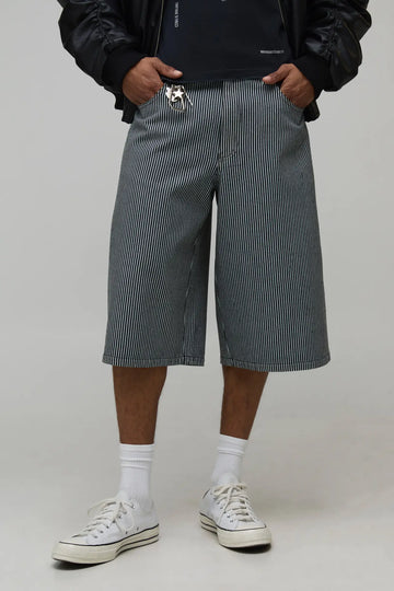 LONGLINE PINSTRIPE DENIM JORTS