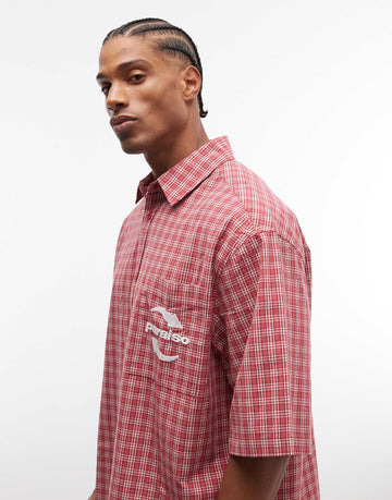 oversized plaid shirt with chest embroidery in red