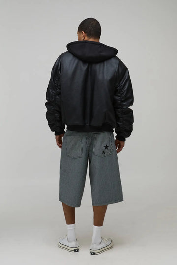 LONGLINE PINSTRIPE DENIM JORTS