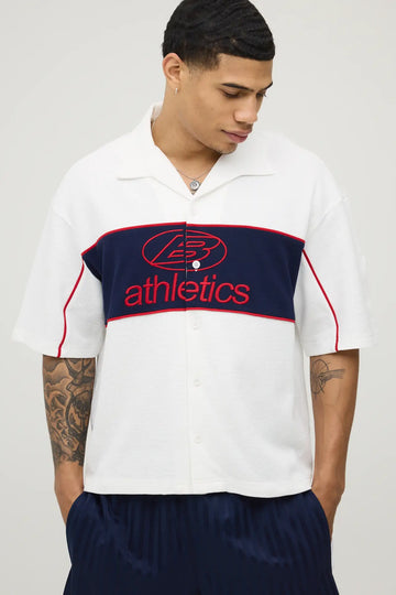 OVERSIZED BOXY CURVE PIPING WAFFLE SPORT SHIRT