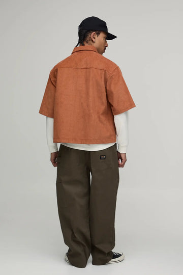 OVERSIZED BOXY HALF SLEEVE CORD WOVEN TAB SHIRT
