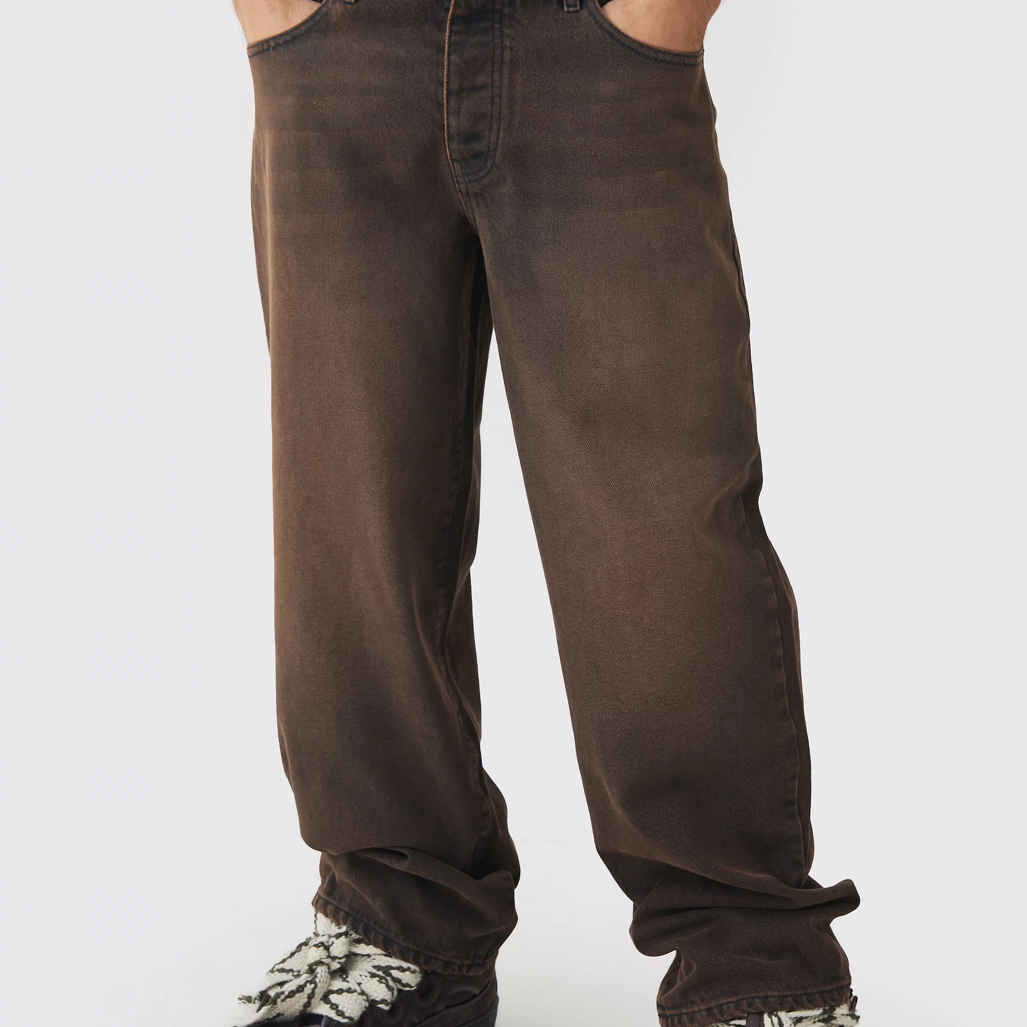 BAGGY RIGID DOUBLE WAISTBAND DENIM JEANS IN BROWN