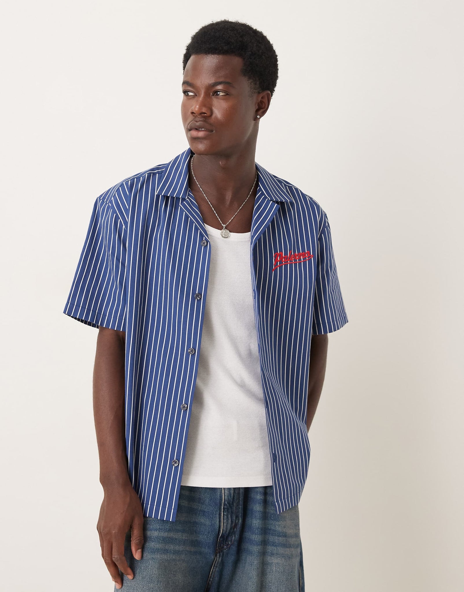 Palermo blue strips short sleeve shirt